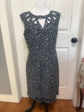 NIC+ZOE Navy and White Geometric Cutout Midi Dress